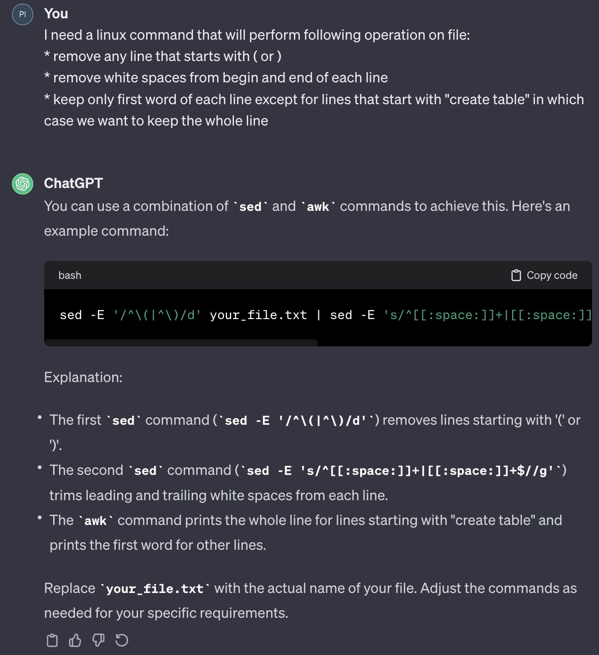 Using AI for generating piped terminal commands